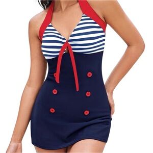 Ekouaer Women’s Striped Halter One-Piece Swimsuit - Red and Navy